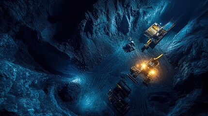 Excavators working in a dark mine at night.