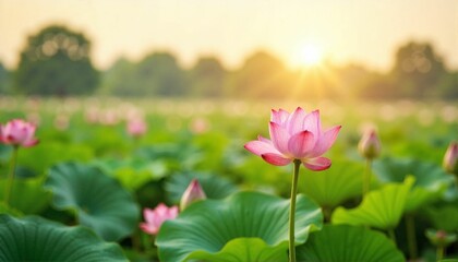 Blooming lotus flowers in wetland at sunrise, nature preservation