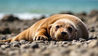 Obraz premium Juvenile sea lion resting on rocky shore, nature preservation
