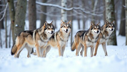 Naklejka premium Wolf pack standing in snowy forest, nature preservation