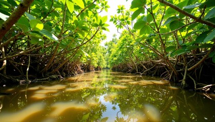 Fototapeta premium Lush mangrove forest reflecting in calm water, nature preservation
