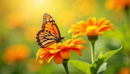 Fototapeta premium Monarch butterfly resting on flower in sunny garden, nature preservation