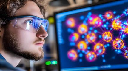 Young researcher analyzes vibrant data visuals on a computer screen in a cutting-edge lab space