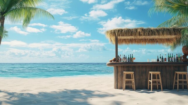 Three-Dimensional Summer Beach Bar Design with Blue Skies and Caribbean Vibes