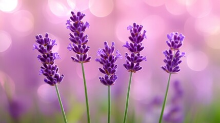Obraz premium Four Lavender Flowers Blooming in Soft Pink Light