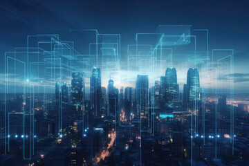 Fototapeta premium Futuristic cityscape with glowing holographic architecture and blue hues