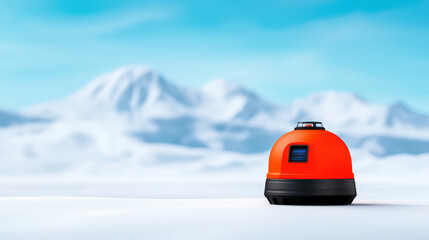 Obraz premium bright orange device on snowy terrain with mountains behind