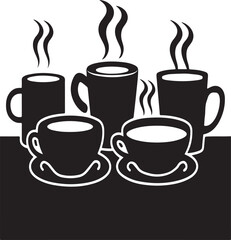 Hot drinks steaming mugs of coffee, cocoa, and tea Silhouette Vector Art Illustration on a white background