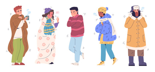 People shiver. Man woman shivering with cold in winter or autumn weather, freezing guys shaking warm clothes scarf parka and blanket coldness outdoor set classy vector illustration