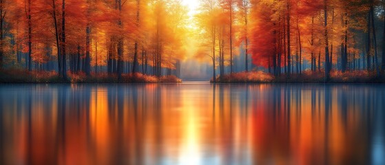 Autumnal lake reflecting fiery trees.