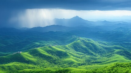 Obraz premium Lush green mountains under a dramatic sky with rain.