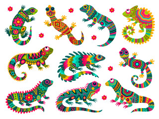 Mexican lizards. Colourful lizard ethnic ornament mexico folk art skin, funny gecko chameleon iguana exotic reptile pet, kid drawing wildlife mascot set tidy vector illustration