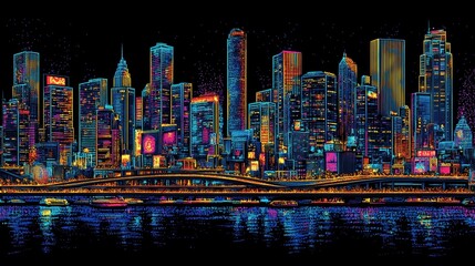 Obraz premium Vibrant city skyline at night with colorful lights reflecting on the water.
