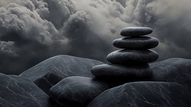 Sleek minimalist design meets the ruggedness of grinding stones set against a backdrop of charbon velour clouds and the hint of an approaching thunderstorm. Velour. Illustration