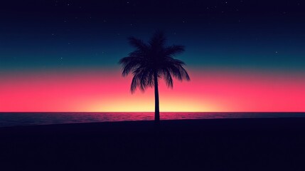 Obraz premium A vibrant sunset over the ocean with a silhouetted palm tree in the foreground.