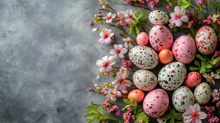 Obraz premium Easter background with easter eggs surrounded by spring flowers, greenery, creating a festive, colorful atmosphere. Perfect for Easter cards, social media posts, and holiday promotions with copyspace