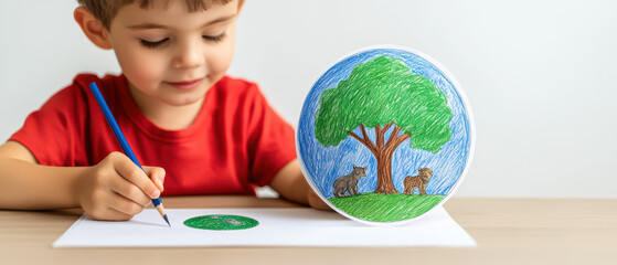 Fototapeta premium child drawing colorful nature scene with animals