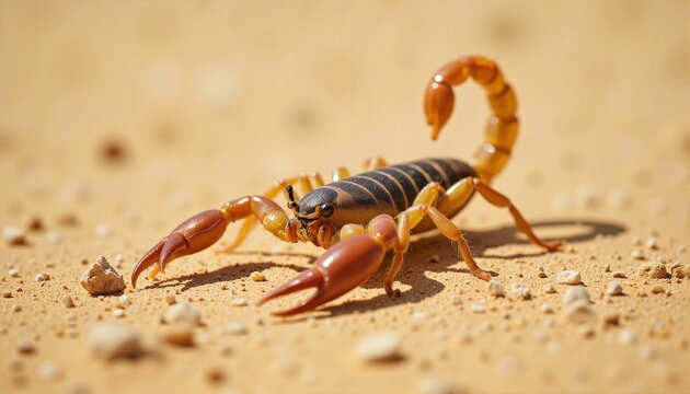 Solitary scorpion crawling over dry sand in barren desert, survival symbolism - Powered by Adobe