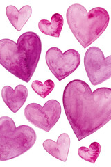 Pink watercolor hearts, romantic design, artistic illustration, love theme, vibrant colors, decorative elements.