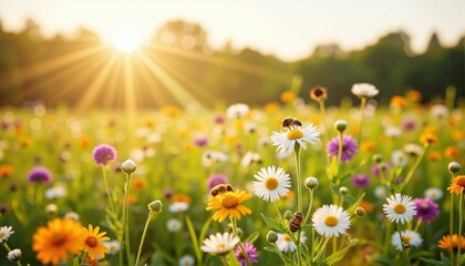 Obraz premium Vibrant wildflowers blooming in sunlight, nature's beauty and serenity