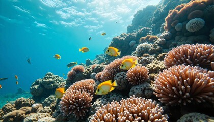 Naklejka premium Colorful fish swimming among coral formations, vibrant ocean ecosystem