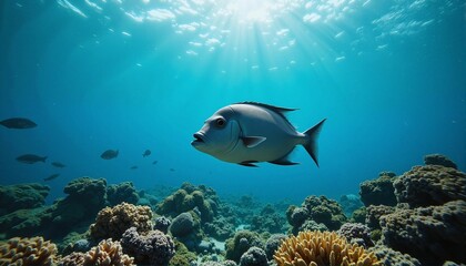 Fototapeta premium Serene underwater fish swimming through coral reef, ocean tranquility