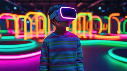 A child wearing a VR headset stands amidst vibrant, glowing neon structures, immersed in a futuristic virtual reality environment.