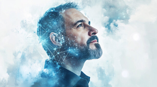 A futuristic portrait of a bearded man gazing upward with a digital network overlay and cloudy abstract background in blue tones
