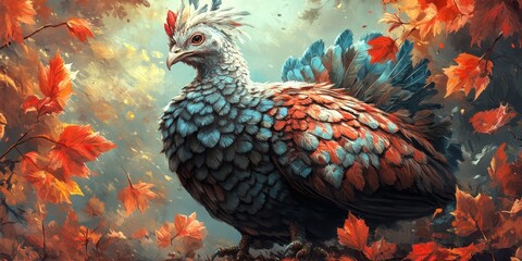 Fototapeta premium Majestic Bird Amidst Vivid Autumn Foliage Showcasing Striking Blue and Orange Plumage with Red and White Accents Surrounded by Falling Leaves