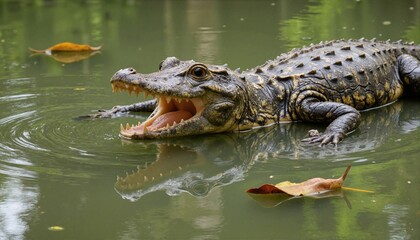 Obraz premium Aggressive crocodile displaying sharp teeth in calm river, primal power