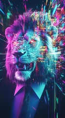 Neon lion in a suit with a colorful mane.