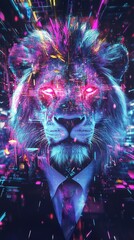 Neon lion in suit with glowing eyes.