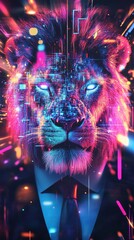 Neon lion in suit with glowing eyes and digital effects.