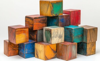 Wooden blocks haphazardly placed, each of a different color, on a white backdrop.