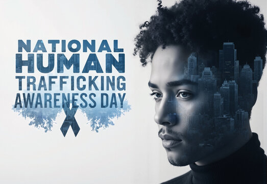 National Human Trafficking Awareness Day. Depicting double exposure and text side by side, with distinctive tape. For banner, poster, bg