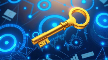 Fototapeta premium Abstract background ai generative golden key floating amid abstract pattern of rising graph, blue halo and digital money shadow