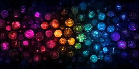 Abstract communication icons arranged in glowing circular patterns, 