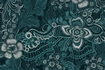 Intricate teal floral lace pattern with delicate textures and ornate design