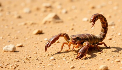 Solitary scorpion crawling over dry sand in barren desert, wild nature