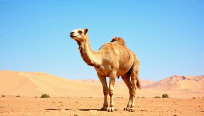 Majestic camel standing in desert landscape under bright blue sky, wildlife symbolism