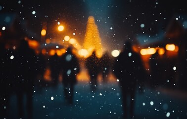 Christmas market at twilight with blurred lights, featuring a reflective, shiny decoration backdrop. Stock photo.