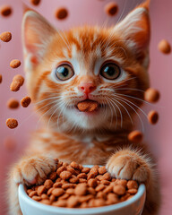 A photo of a cat and surrounding kibble
