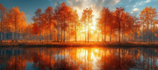 Autumn sunrise over calm lake reflecting fiery trees.