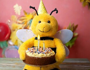 A Cuddly Toy, bee, holds  a birthday cake with candles