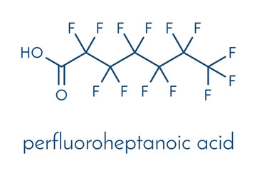 Perfluoroheptanoic acid (PFHpA) PFAS molecule. Skeletal formula.