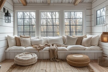White Coastal Sunroom with Plush Decor – Modern Farmhouse and Scandinavian Style