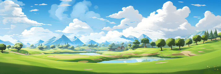 Obraz premium Spectacular Panorama of a Pristine Golf Course under the Azure Sky: A Perfect Day for a Game