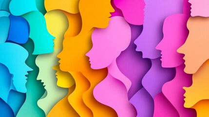 An energetic abstract artwork with silhouettes of individuals in diverse hues, representing unity, community, and dynamic exchange.