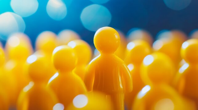 A crowd of yellow figures stands out against a blurred background with a blue and yellow bokeh effect.