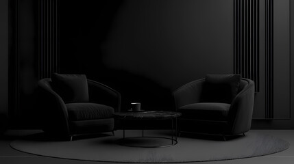 Black interior with velour armchairs, carpet and decor. 3d render illustration mockup. Velour. Illustration